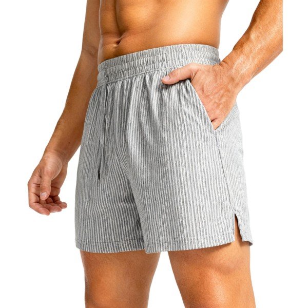 Men's Light Gray Striped Elastic Waist Shorts with Side Slits