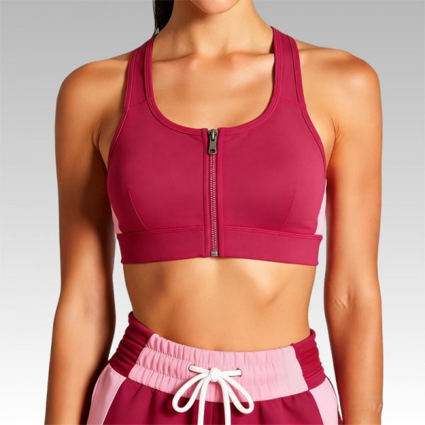 Burgundy & Pink Two-Tone Zip-Front Sports Bra with Color-Blocked Shorts